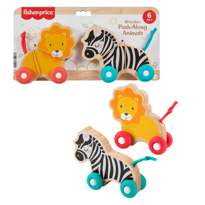 Fisher Price Wooden Push Along Animals Lion &Zebra